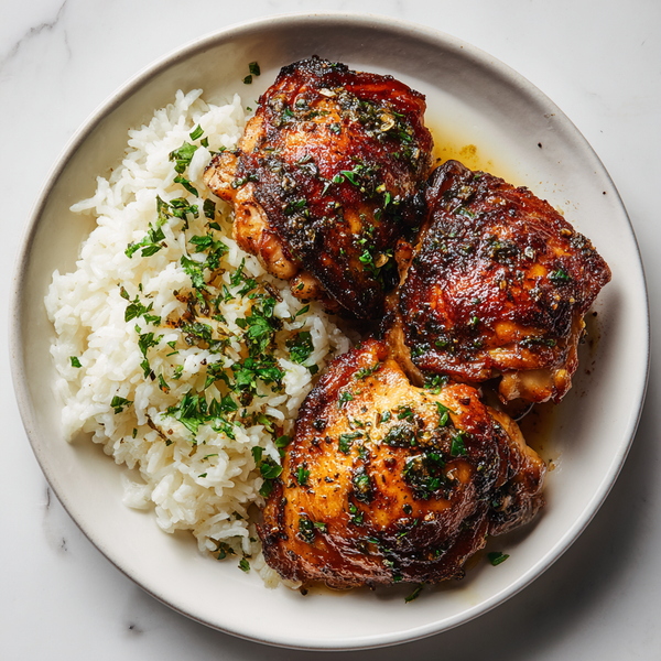 Crispy Cast Iron Jidori Chicken Thighs with Garlic Butter Rice
