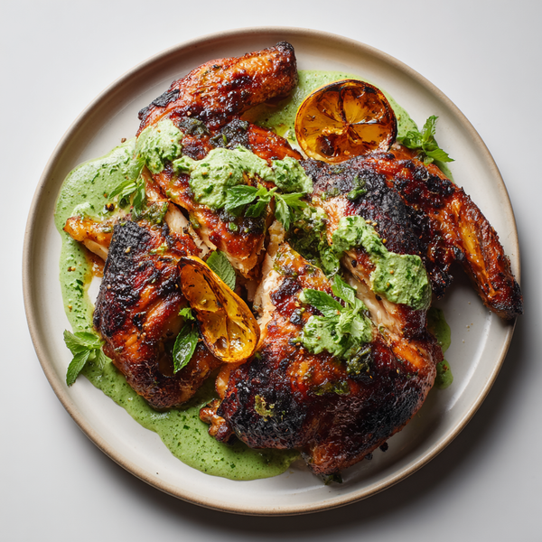 Spatchcock Jidori Chicken with Charred Scallion Salsa Verde