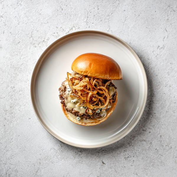 Steakhouse Hand Chopped Burgers with Blue Cheese & Crispy Shallots