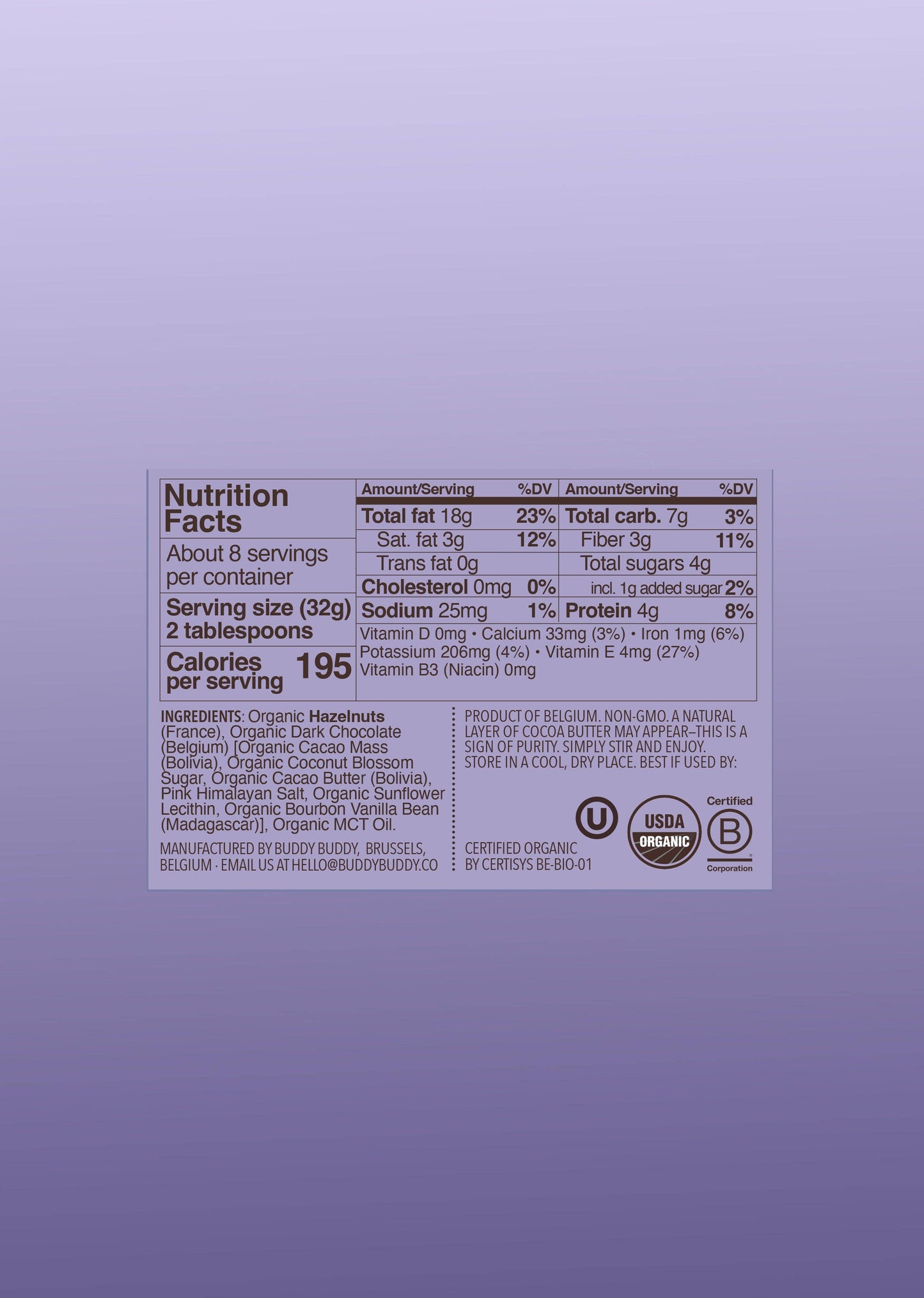 Organic Hazelnut Cacao Nut Butter 9.2oz - Buddy Buddy