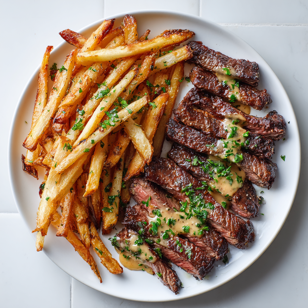 Cast Iron Skirt Steak with Crispy Fries & Chipotle Lime Butter