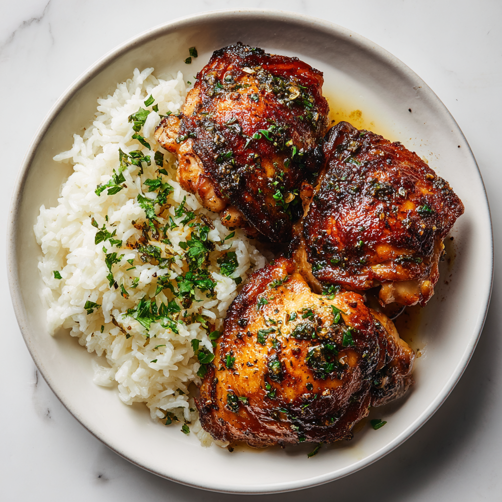 Crispy Cast Iron Jidori Chicken Thighs with Garlic Butter Rice