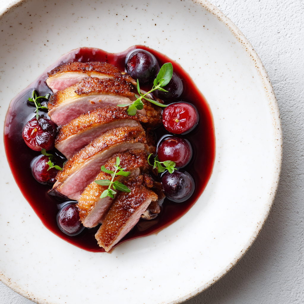 Crispy Duck Breast with Cherry Red Wine Reduction