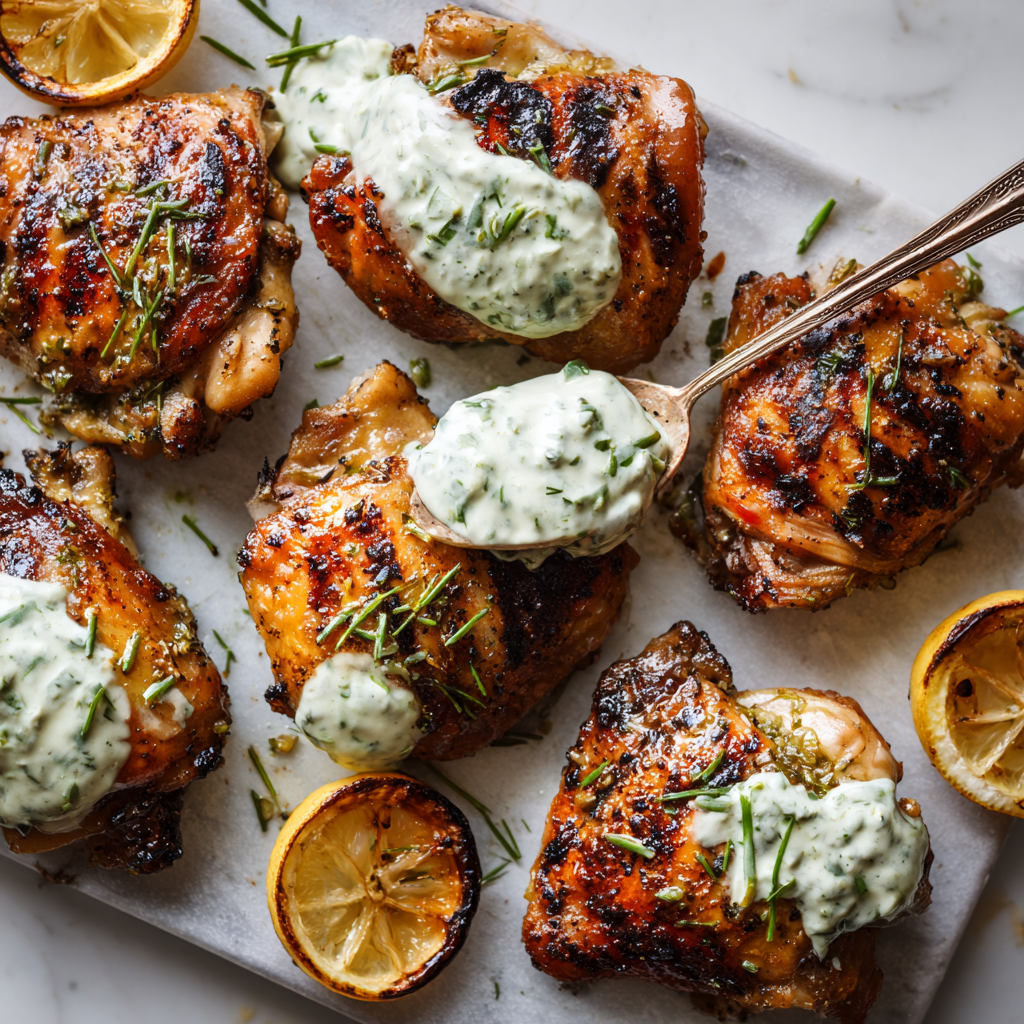 Grilled Jidori Chicken Thighs with Charred Lemon & Herb Yogurt