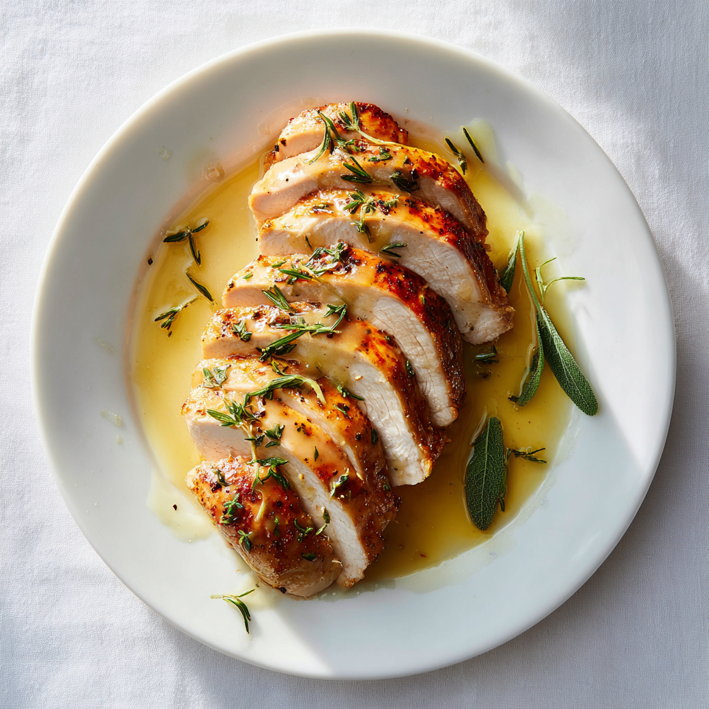 Herb Butter Roasted Turkey Breast with White Wine Pan Sauce