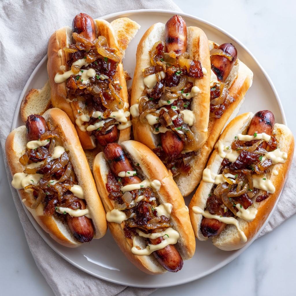American Wagyu Hot Dogs with Caramelized Onions & Bacon Jam