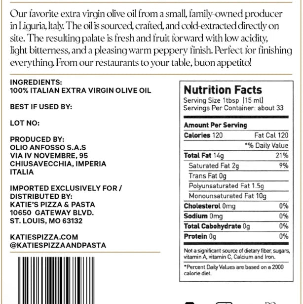 Extra Virgin Olive Oil Small Batch Cold Pressed 16.9fl oz - Katie's