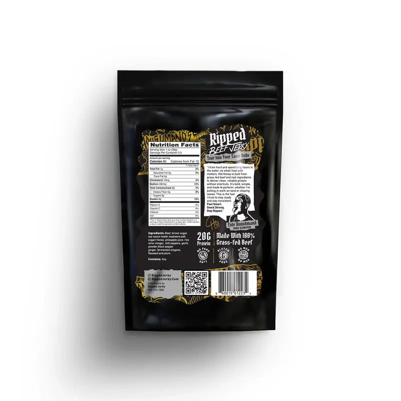 Grass-Fed Beef Jerky Houshmand's Hot Honey 2.5 oz - Ripped Beef Jerky
