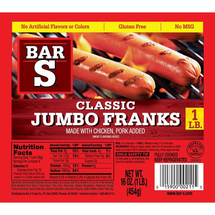 Classic Jumbo Franks 16oz - Bar S