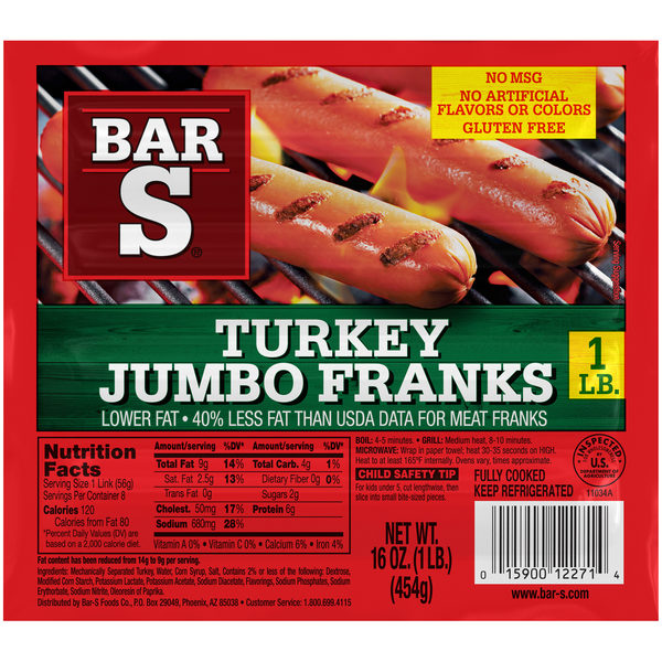 Turkey Jumbo Franks Hot Dogs 16oz - Bar-S